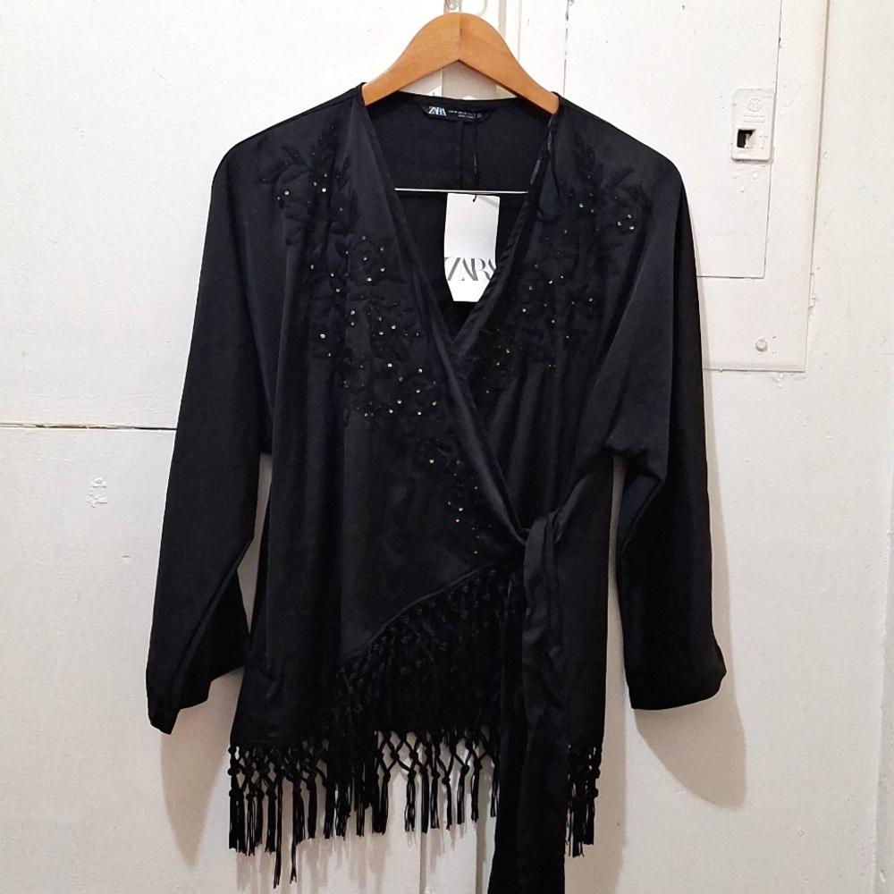 NWT Zara Black Satin Wrap Blouse